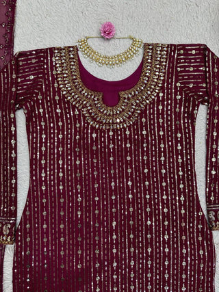 Wine Elegant Mirror Work Co-Ord Set ClothsVilla