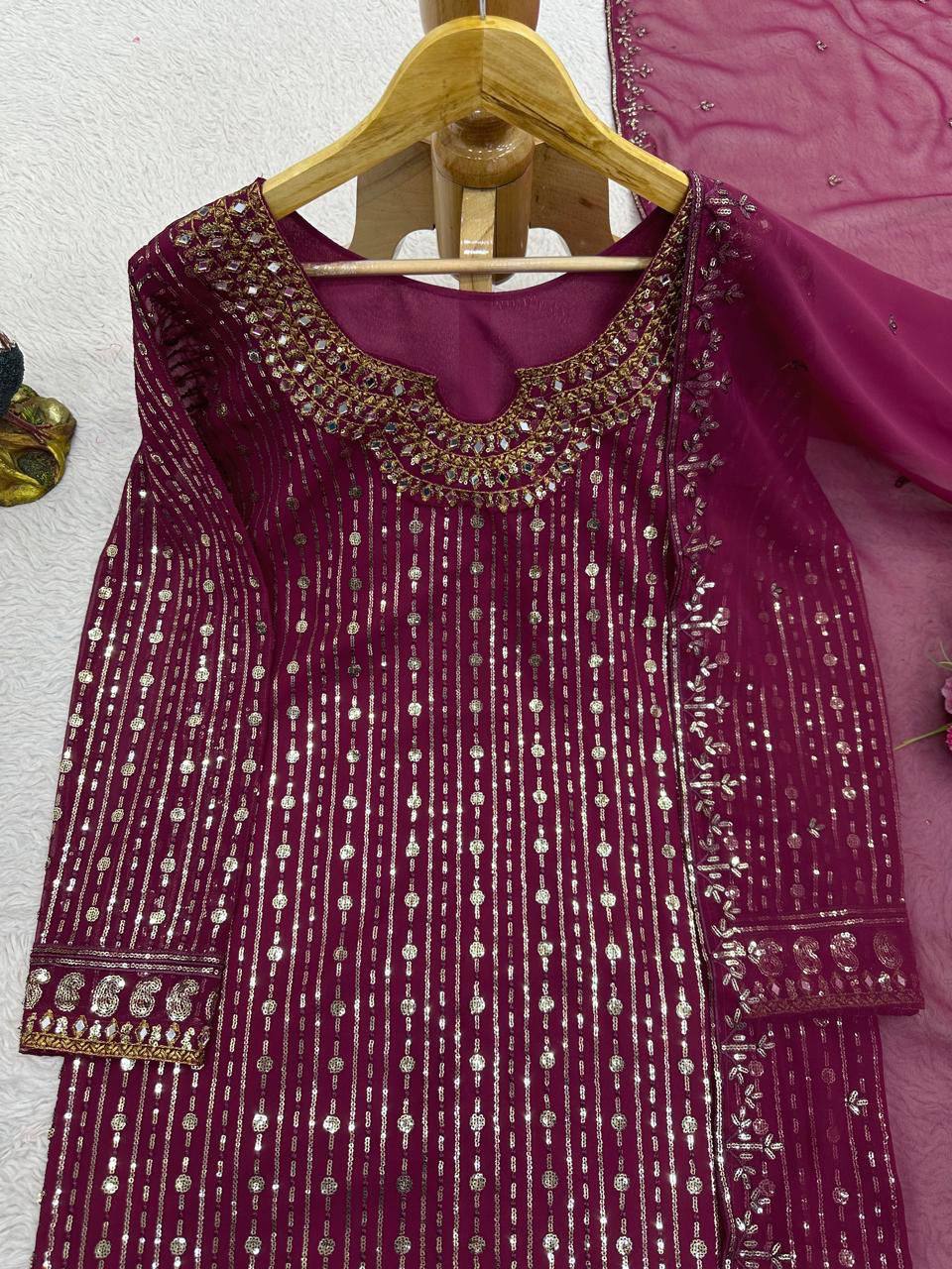 Wine Elegant Mirror Work Co-Ord Set ClothsVilla