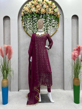 Wine Elegant Mirror Work Co-Ord Set ClothsVilla