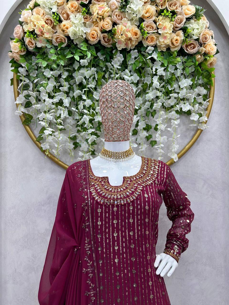 Wine Elegant Mirror Work Co-Ord Set ClothsVilla