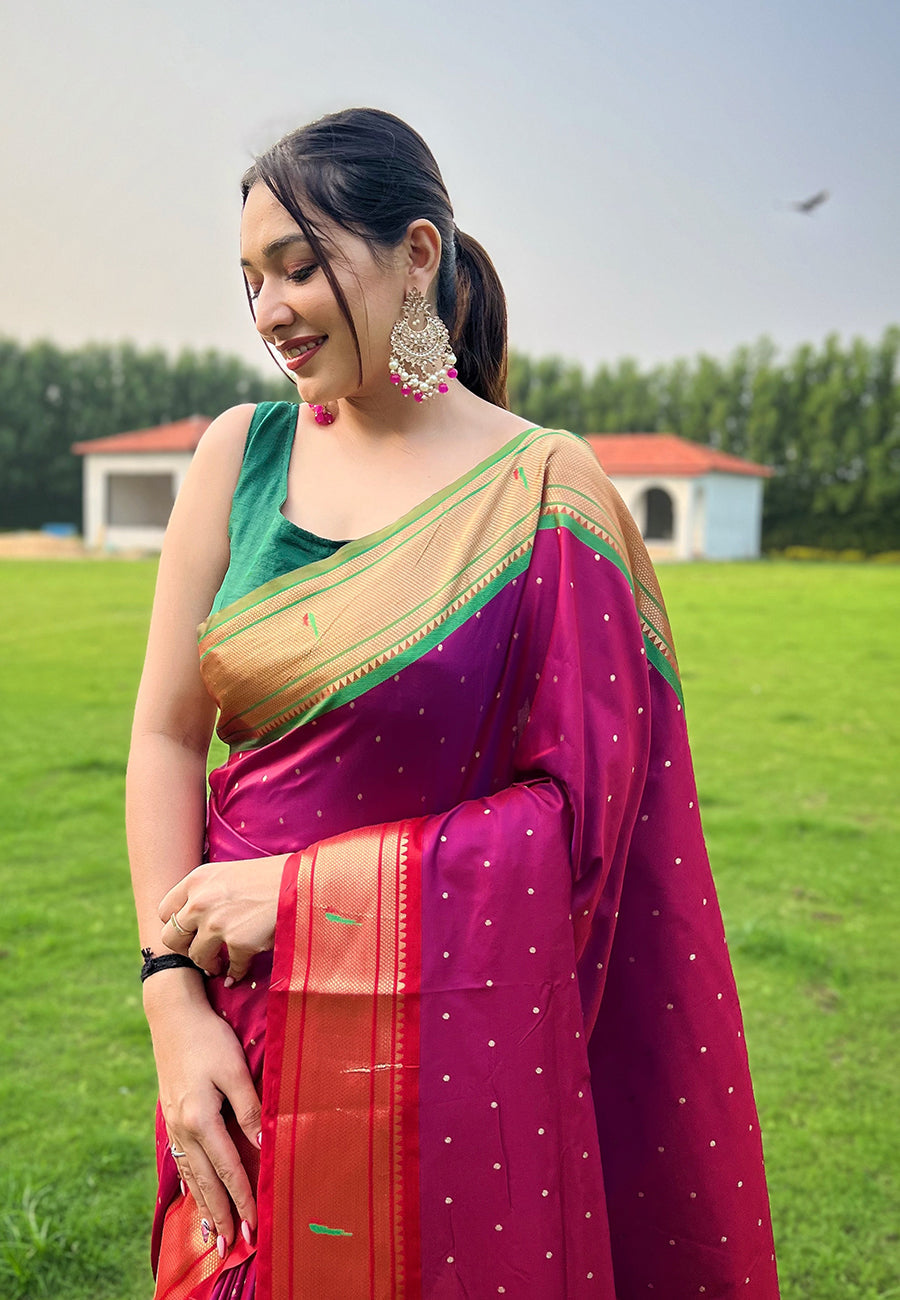 Wine Elegant Paithani Silk Saree with Jacquard Weaving ClothsVilla