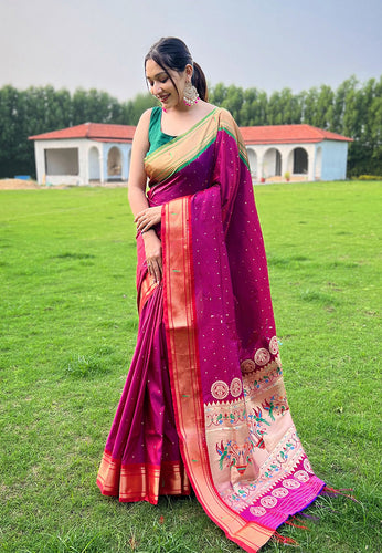 Wine Elegant Paithani Silk Saree with Jacquard Weaving ClothsVilla