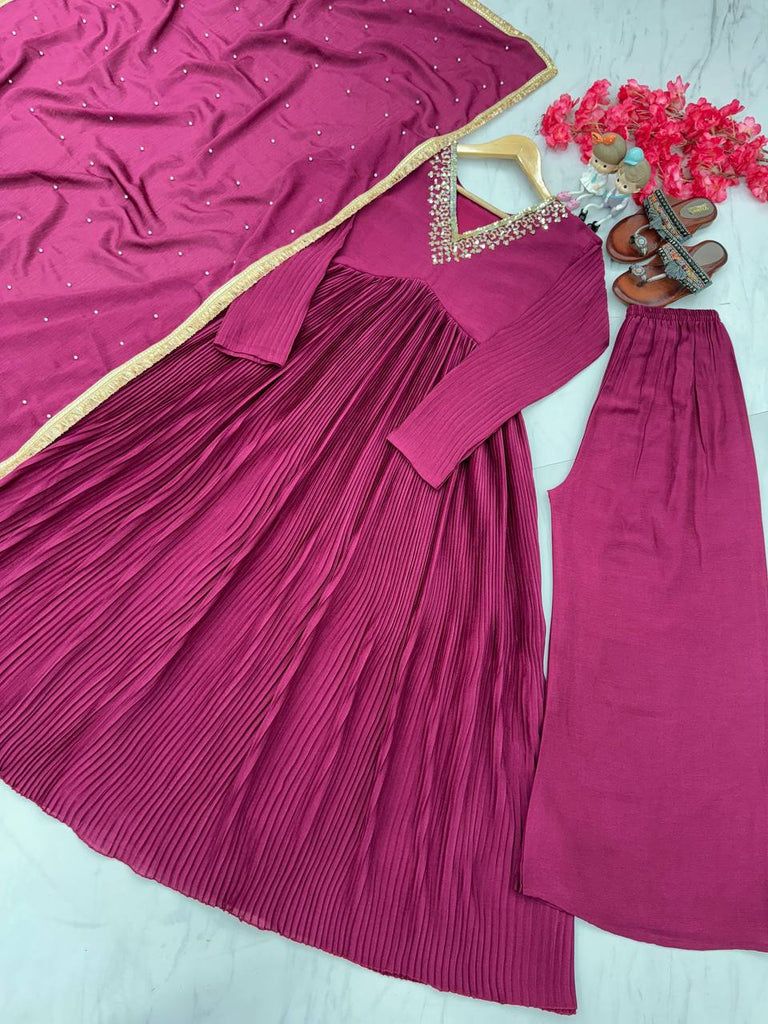 Wine Elegant Party Wear Alia Cut Anarkali Gown Set with Dupatta & Bottom Clothsvilla