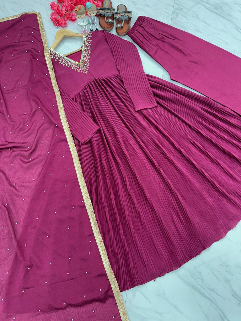 Wine Elegant Party Wear Alia Cut Anarkali Gown Set with Dupatta & Bottom Clothsvilla