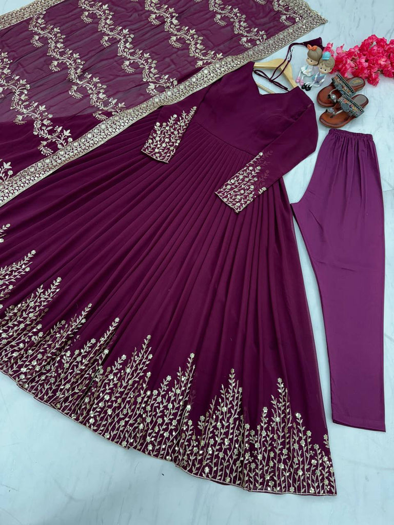 Wine Elegant Party Wear Gown Set with Dupatta & Bottom - Heavy Faux Georgette Embroidered Ensemble Clothsvilla