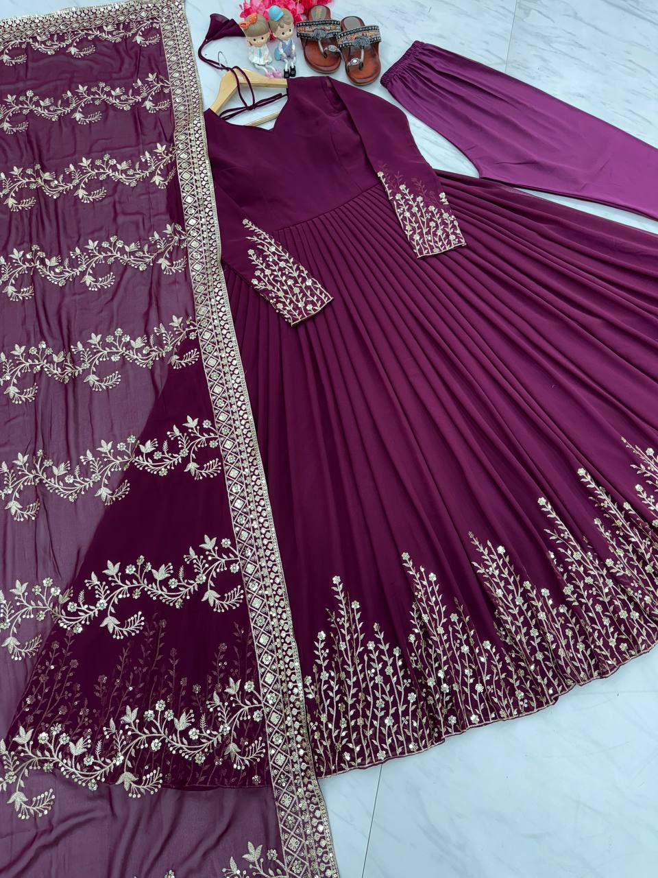 Wine Elegant Party Wear Gown Set with Dupatta & Bottom - Heavy Faux Georgette Embroidered Ensemble Clothsvilla Main image