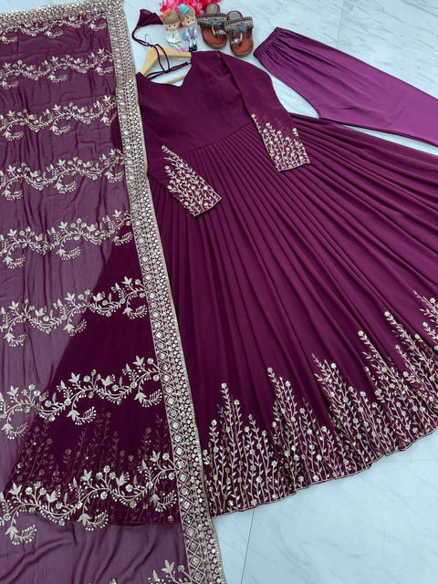 Wine Elegant Party Wear Gown Set with Dupatta & Bottom - Heavy Faux Georgette Embroidered Ensemble Clothsvilla Main image