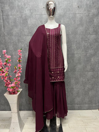 Wine Elegant Pure Lukhnowi Embroidered Georgette Kurta Sharara Dupatta Set