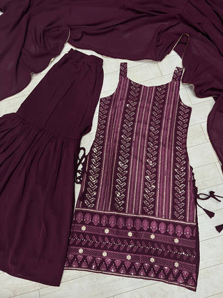 Wine Elegant Pure Lukhnowi Embroidered Georgette Kurta Sharara Dupatta Set