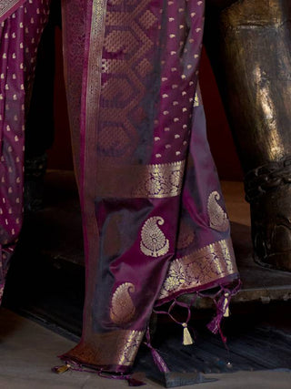 Wine Elegant Pure Satin Handloom Saree with Unstitched Blouse Piece Clothsvilla