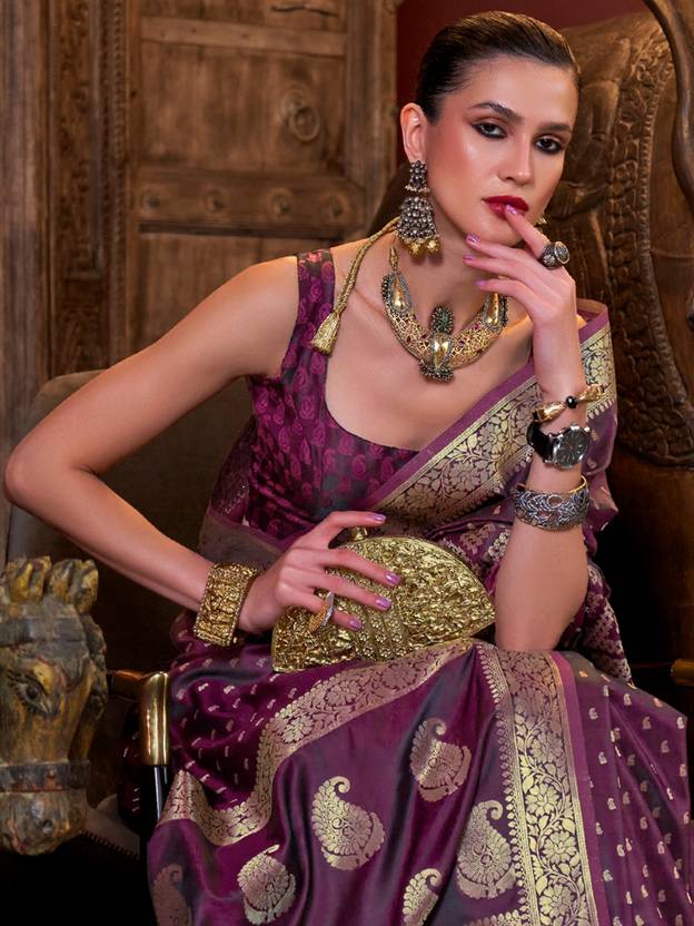 Wine Elegant Pure Satin Handloom Saree with Unstitched Blouse Piece Clothsvilla