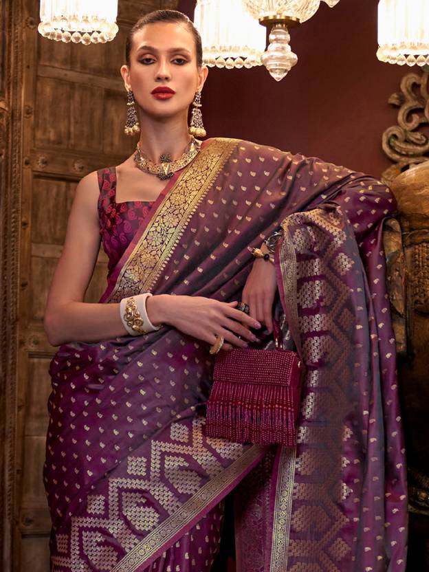 Wine Elegant Pure Satin Handloom Saree with Unstitched Blouse Piece Secondary image