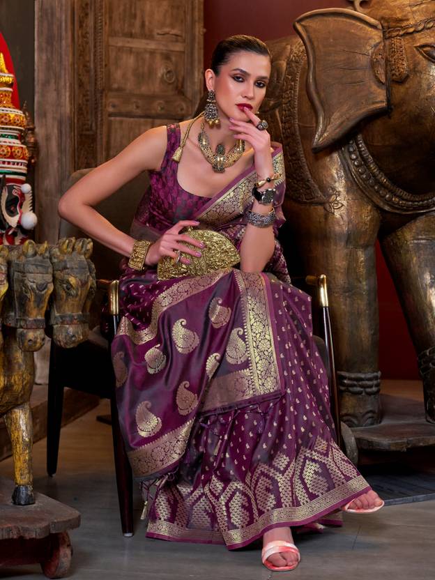 Wine Elegant Pure Satin Handloom Saree with Unstitched Blouse Piece Clothsvilla Main image