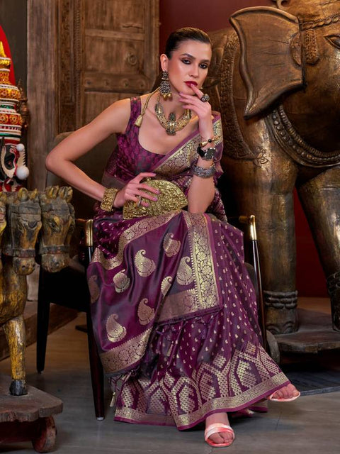 Wine Elegant Pure Satin Handloom Saree with Unstitched Blouse Piece Clothsvilla Main image