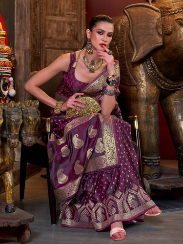 Wine Elegant Pure Satin Handloom Saree with Unstitched Blouse Piece Clothsvilla