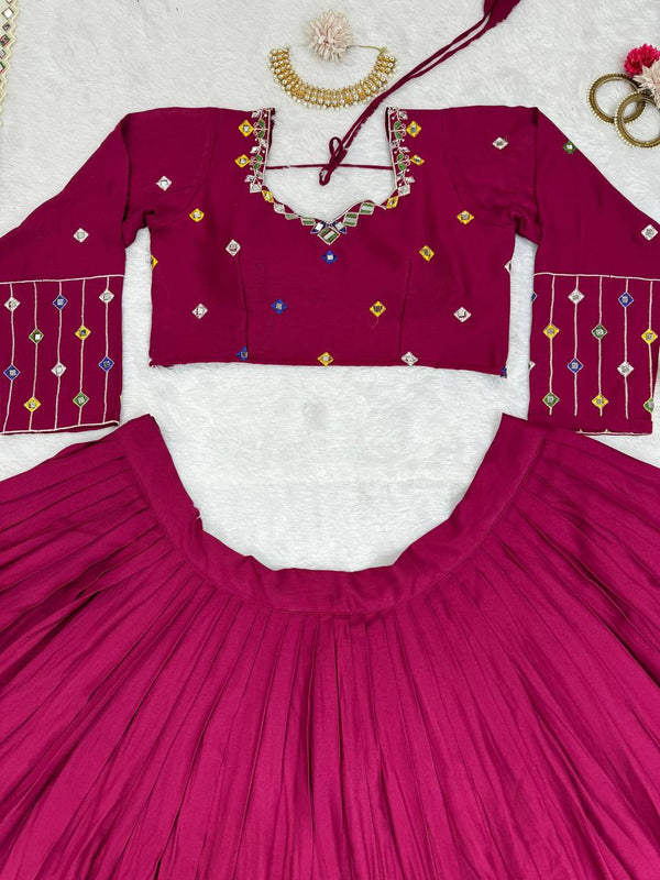 Wine Elegant Reyon Semi-Stitched Lehenga Choli Set with Real Mirror Work & Cutwork Dupatta ClothsVilla