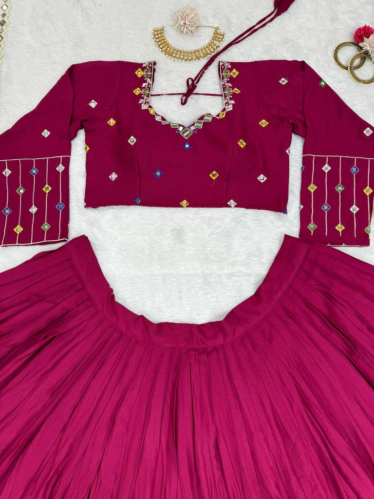 Wine Elegant Reyon Semi-Stitched Lehenga Choli Set with Real Mirror Work & Cutwork Dupatta ClothsVilla