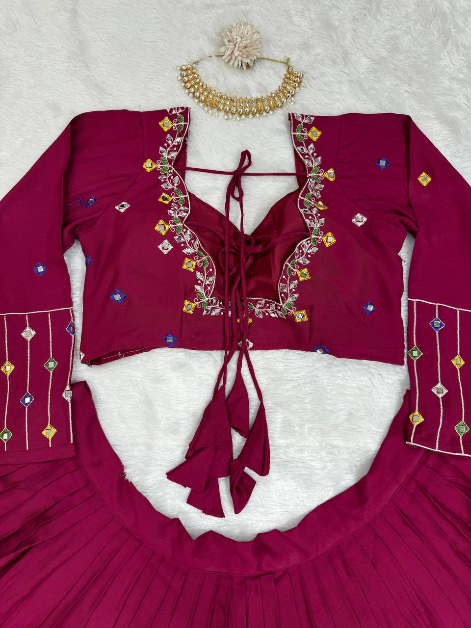 Wine Elegant Reyon Semi-Stitched Lehenga Choli Set with Real Mirror Work & Cutwork Dupatta ClothsVilla