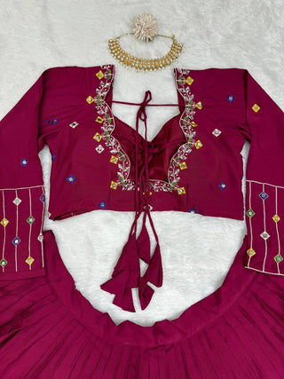 Wine Elegant Reyon Semi-Stitched Lehenga Choli Set with Real Mirror Work & Cutwork Dupatta ClothsVilla