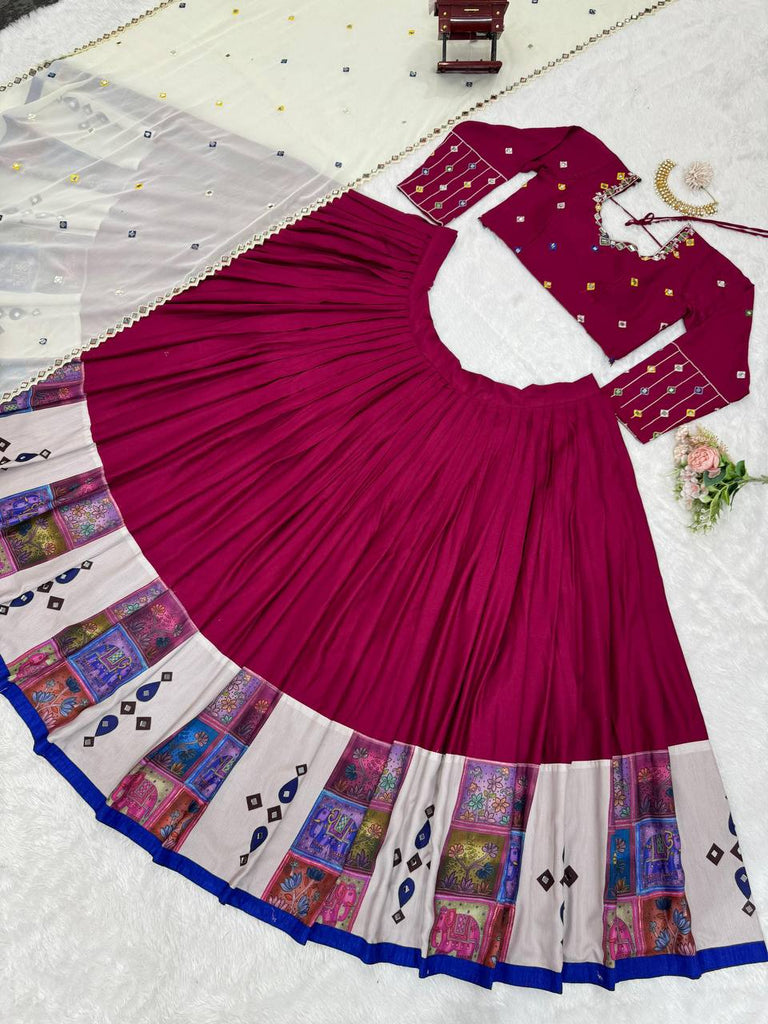 Wine Elegant Reyon Semi-Stitched Lehenga Choli Set with Real Mirror Work & Cutwork Dupatta ClothsVilla