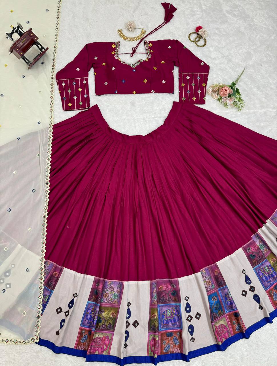 Wine Elegant Reyon Semi-Stitched Lehenga Choli Set with Real Mirror Work & Cutwork Dupatta ClothsVilla