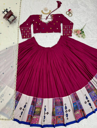 Wine Elegant Reyon Semi-Stitched Lehenga Choli Set with Real Mirror Work & Cutwork Dupatta ClothsVilla
