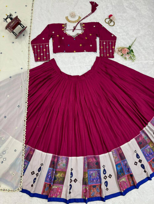 Wine Elegant Reyon Semi-Stitched Lehenga Choli Set with Real Mirror Work & Cutwork Dupatta ClothsVilla