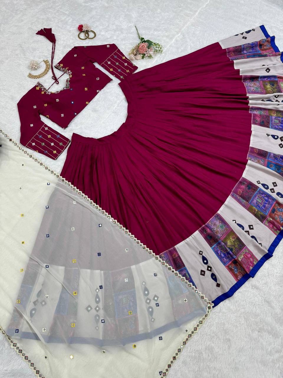 Wine Elegant Reyon Semi-Stitched Lehenga Choli Set with Real Mirror Work & Cutwork Dupatta ClothsVilla