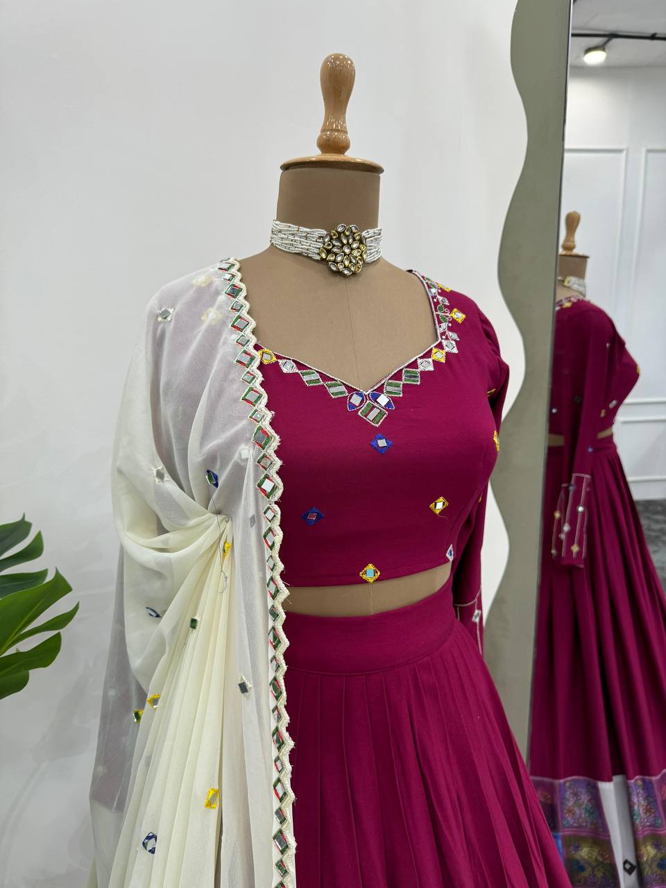 Wine Elegant Reyon Semi-Stitched Lehenga Choli Set with Real Mirror Work & Cutwork Dupatta ClothsVilla