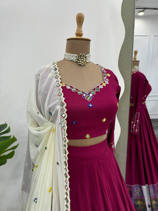 Wine Elegant Reyon Semi-Stitched Lehenga Choli Set with Real Mirror Work & Cutwork Dupatta ClothsVilla