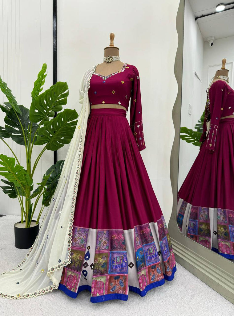 Wine Elegant Reyon Semi-Stitched Lehenga Choli Set with Real Mirror Work & Cutwork Dupatta ClothsVilla