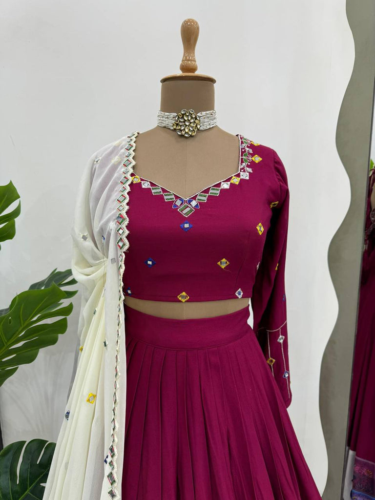 Wine Elegant Reyon Semi-Stitched Lehenga Choli Set with Real Mirror Work & Cutwork Dupatta ClothsVilla