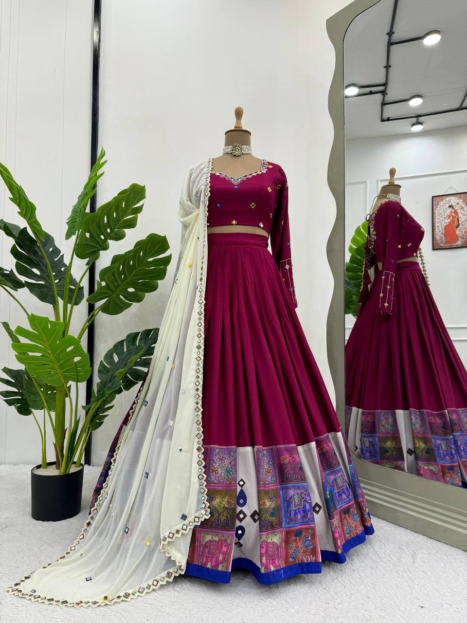 Wine Elegant Reyon Semi-Stitched Lehenga Choli Set with Real Mirror Work & Cutwork Dupatta ClothsVilla