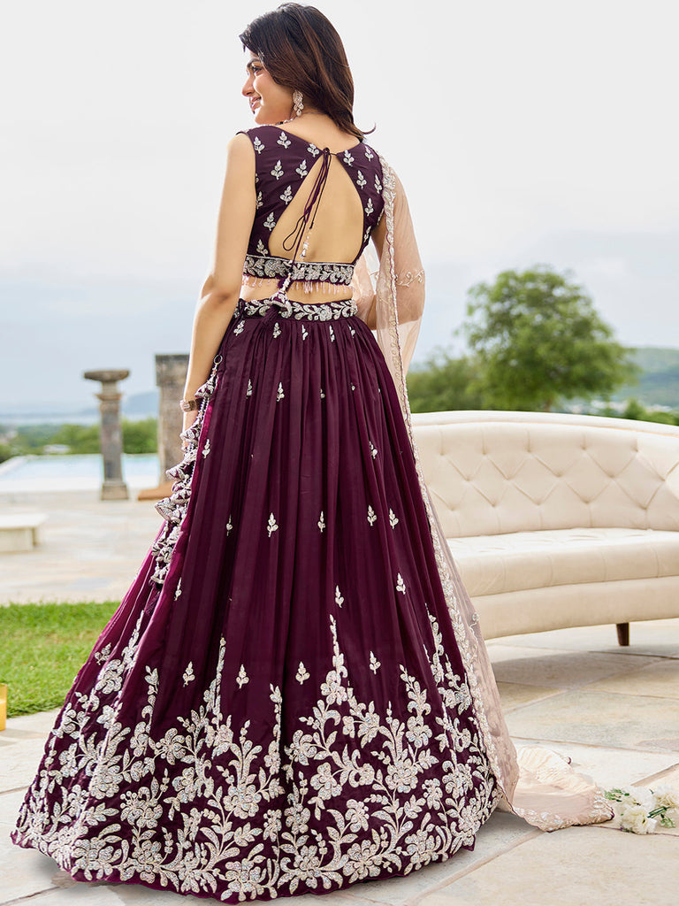 Wine Elegant Satin Silk Sequin Embroidered Lehenga Choli with Dupatta – 3.5 Meter Flair, Fully Stitched ClothsVilla