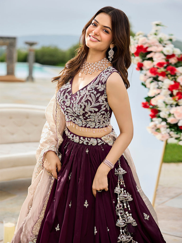 Wine Elegant Satin Silk Sequin Embroidered Lehenga Choli with Dupatta – 3.5 Meter Flair, Fully Stitched ClothsVilla