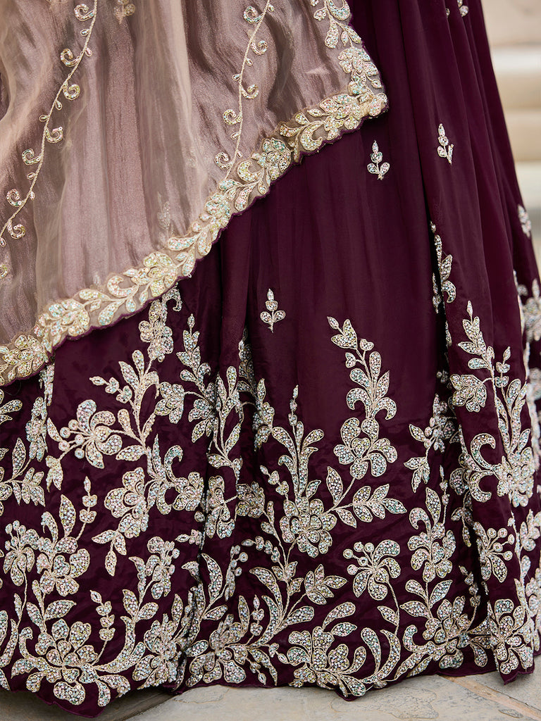 Wine Elegant Satin Silk Sequin Embroidered Lehenga Choli with Dupatta – 3.5 Meter Flair, Fully Stitched ClothsVilla