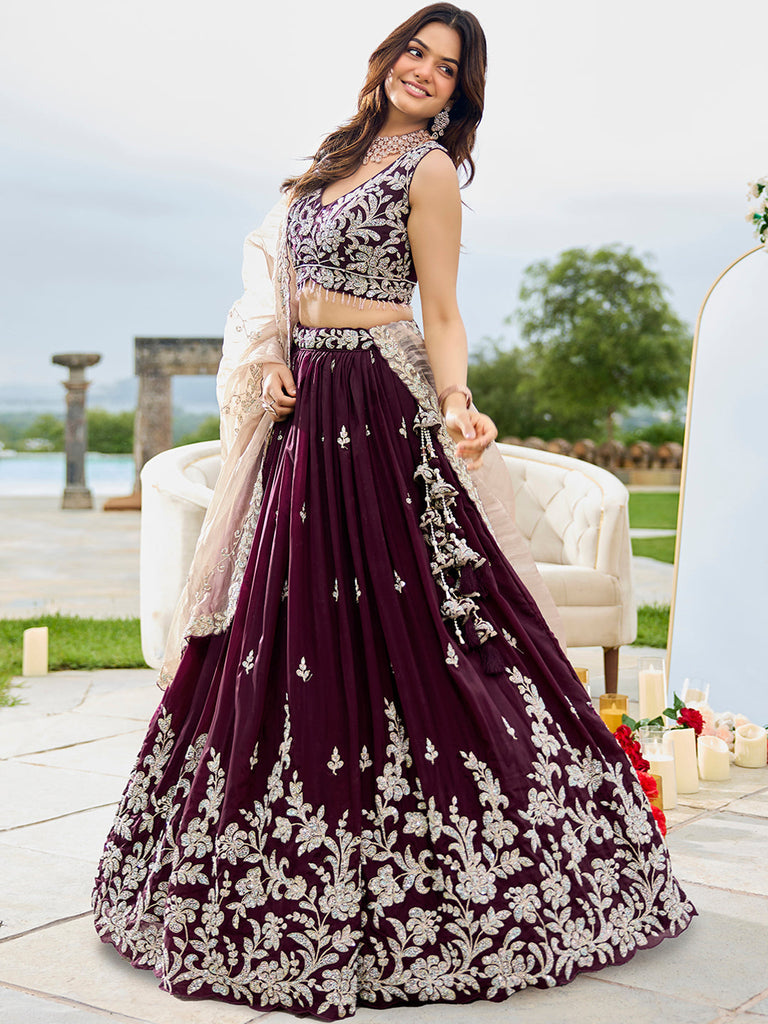 Wine Elegant Satin Silk Sequin Embroidered Lehenga Choli with Dupatta – 3.5 Meter Flair, Fully Stitched ClothsVilla