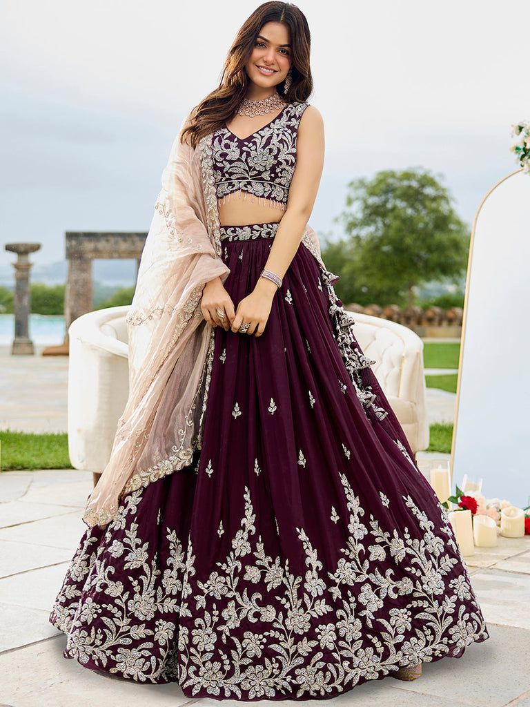 Wine Elegant Satin Silk Sequin Embroidered Lehenga Choli with Dupatta – 3.5 Meter Flair, Fully Stitched ClothsVilla