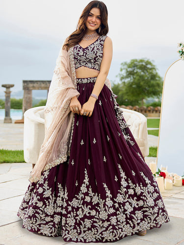 Wine Elegant Satin Silk Sequin Embroidered Lehenga Choli with Dupatta – 3.5 Meter Flair, Fully Stitched ClothsVilla