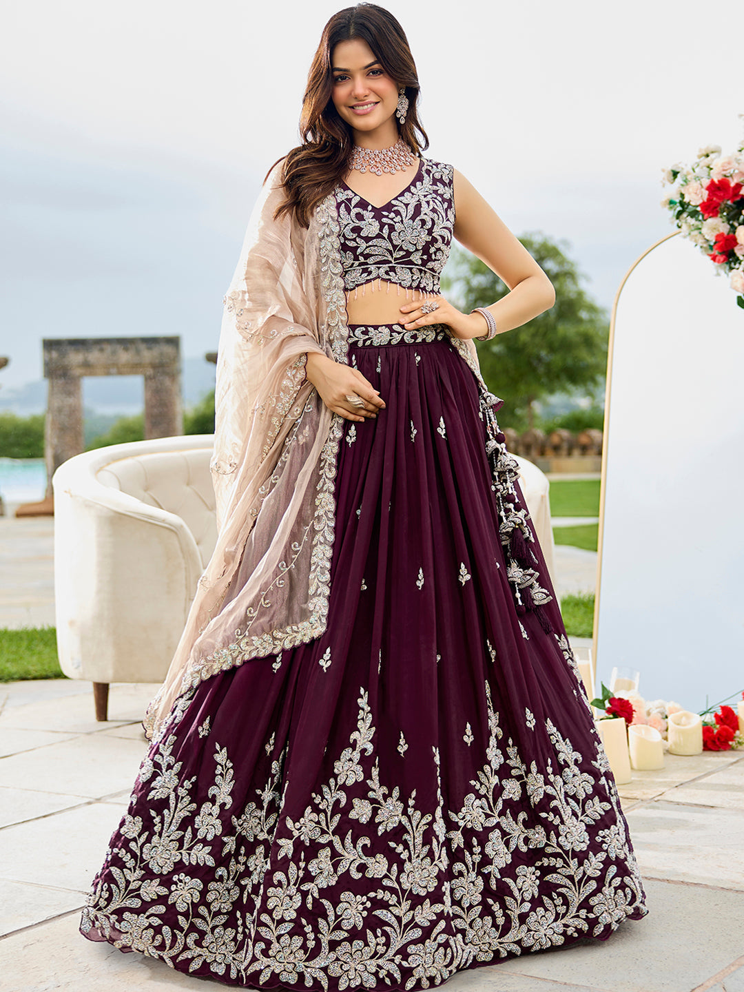 Wine Elegant Satin Silk Sequin Embroidered Lehenga Choli with Dupatta – 3.5 Meter Flair, Fully Stitched ClothsVilla Main image
