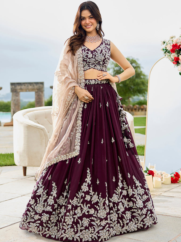 Wine Elegant Satin Silk Sequin Embroidered Lehenga Choli with Dupatta – 3.5 Meter Flair, Fully Stitched ClothsVilla