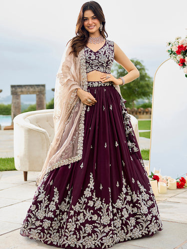 Wine Elegant Satin Silk Sequin Embroidered Lehenga Choli with Dupatta – 3.5 Meter Flair, Fully Stitched ClothsVilla