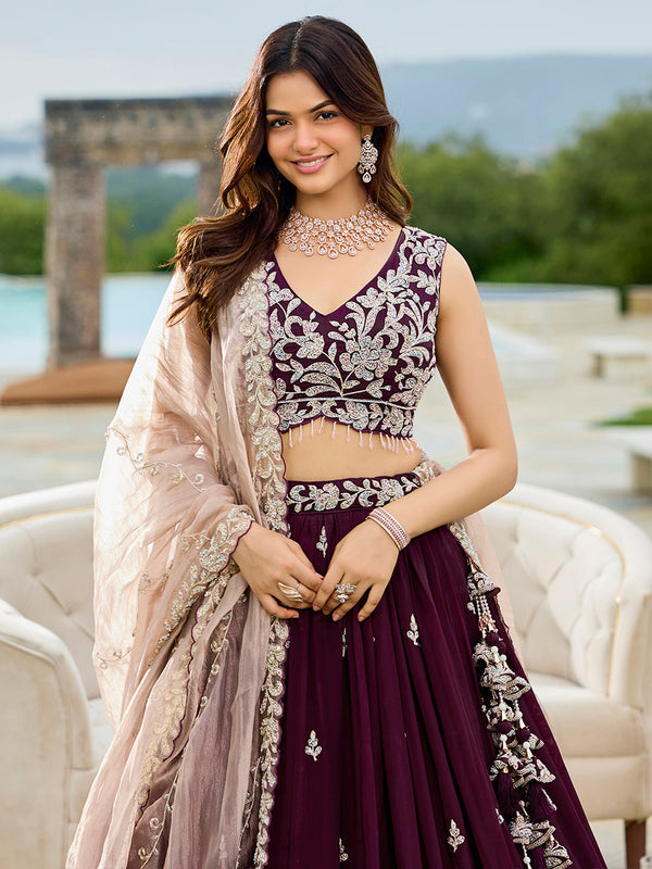 Wine Elegant Satin Silk Sequin Embroidered Lehenga Choli with Dupatta – 3.5 Meter Flair, Fully Stitched ClothsVilla