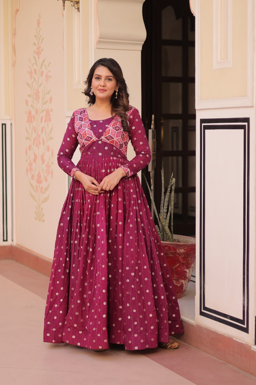 Wine Elegant Staple Jacquard Weaving Gown with Position Print Choli Clothsvilla Main image