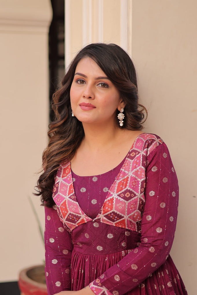 Wine Elegant Staple Jacquard Weaving Gown with Position Print Choli Clothsvilla