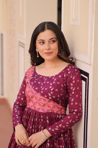 Wine Elegant Staple Jacquard Weaving Gown with Position Print Choli Clothsvilla