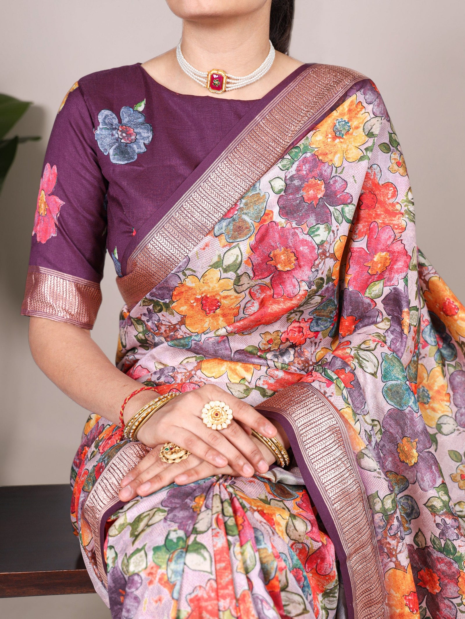 Wine Elegant Tussar Silk Floral Printed Saree with Viscose Border ClothsVilla