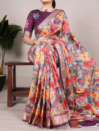 Wine Elegant Tussar Silk Floral Printed Saree with Viscose Border ClothsVilla