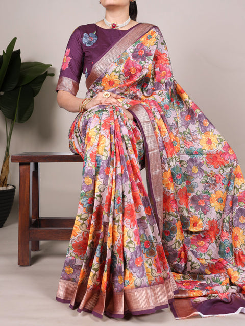 Wine Elegant Tussar Silk Floral Printed Saree with Viscose Border ClothsVilla Main image