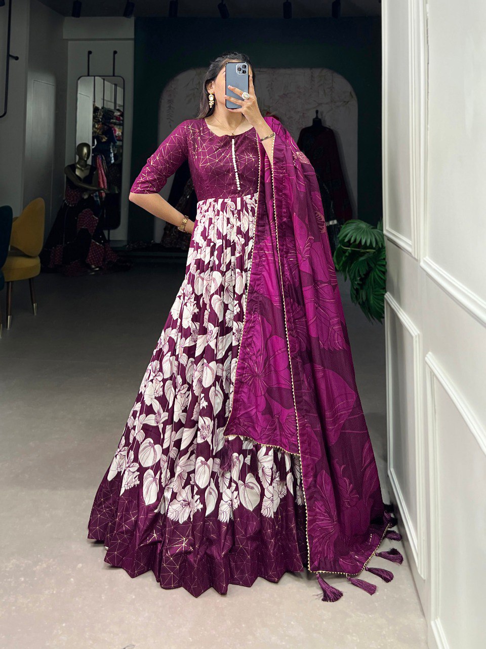 Wine Elegant Tussar Silk Ready-to-Wear Gown with Dupatta